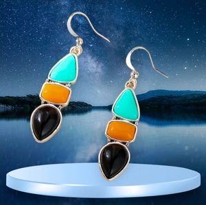 Silver Plated Retro Geometric Irregular Stone Drop Hook Earrings.